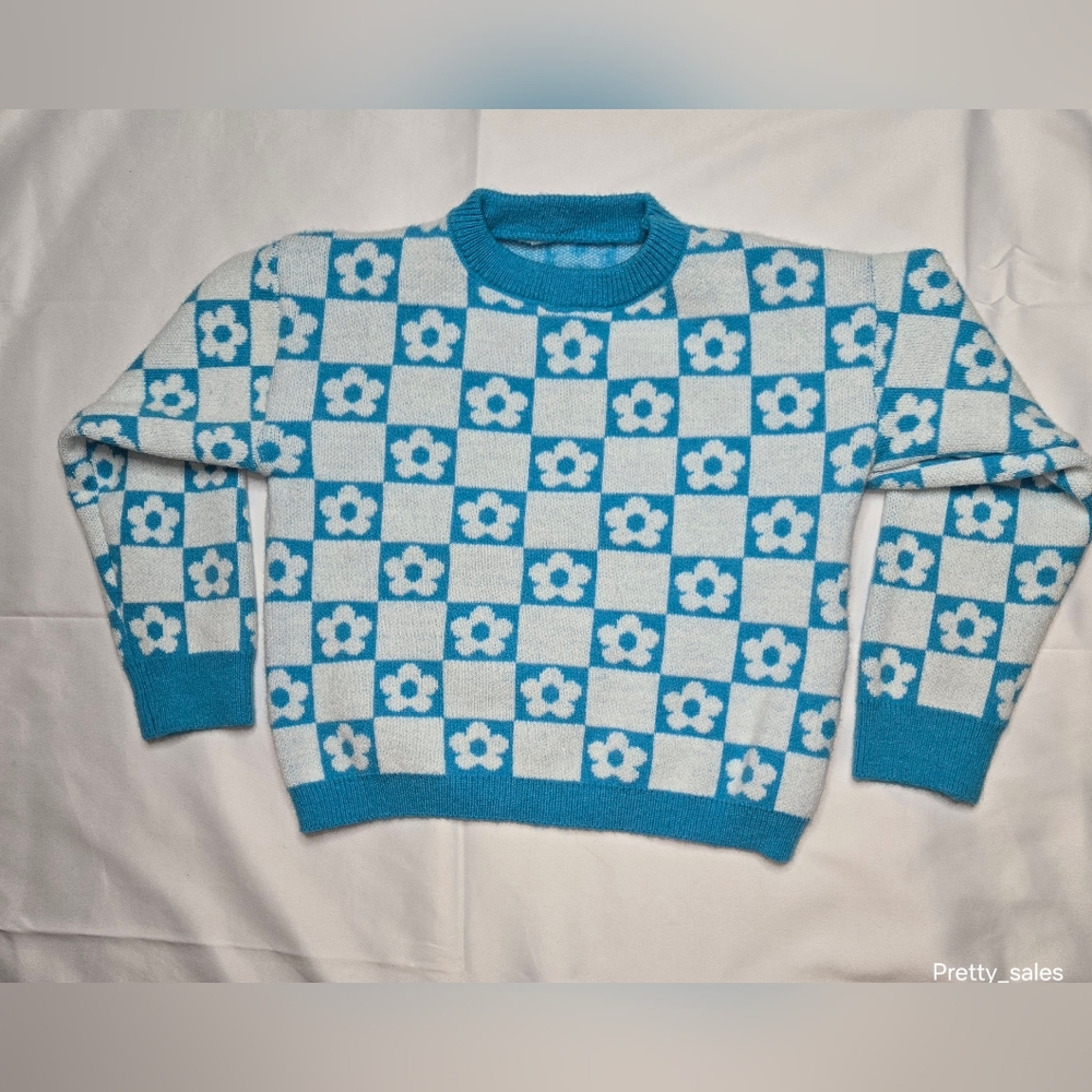 SHEIN blue & white checkers floral print knit sweater